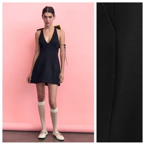 NWT. Zara Black Maxi Bow Velvet Short V-Neck Dress. Size M. - Picture 3 of 15